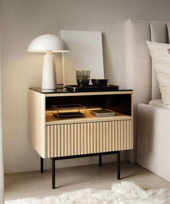 ORTA Modern Oak Bedside Table with Glass Top & LED Lighting
