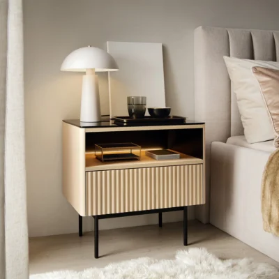 ORTA Modern Oak Bedside Table with Glass Top & LED Lighting