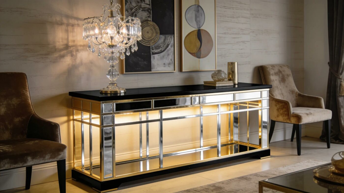Stylish interior with Glamour Loft Console Table showcasing gold, silver, and black finishes