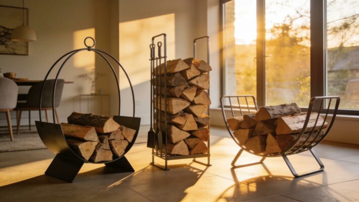 Stylish metal firewood storage solutions in a modern Irish home interior