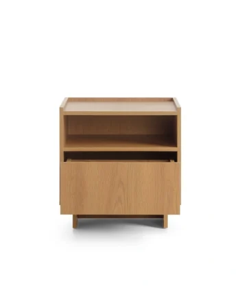 Yasumi 50cm Carmel Oak Bedside Table with Raised Edge & Push-to-Open Drawer
