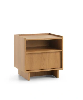 Yasumi 50cm Carmel Oak Bedside Table with Raised Edge & Push-to-Open Drawer