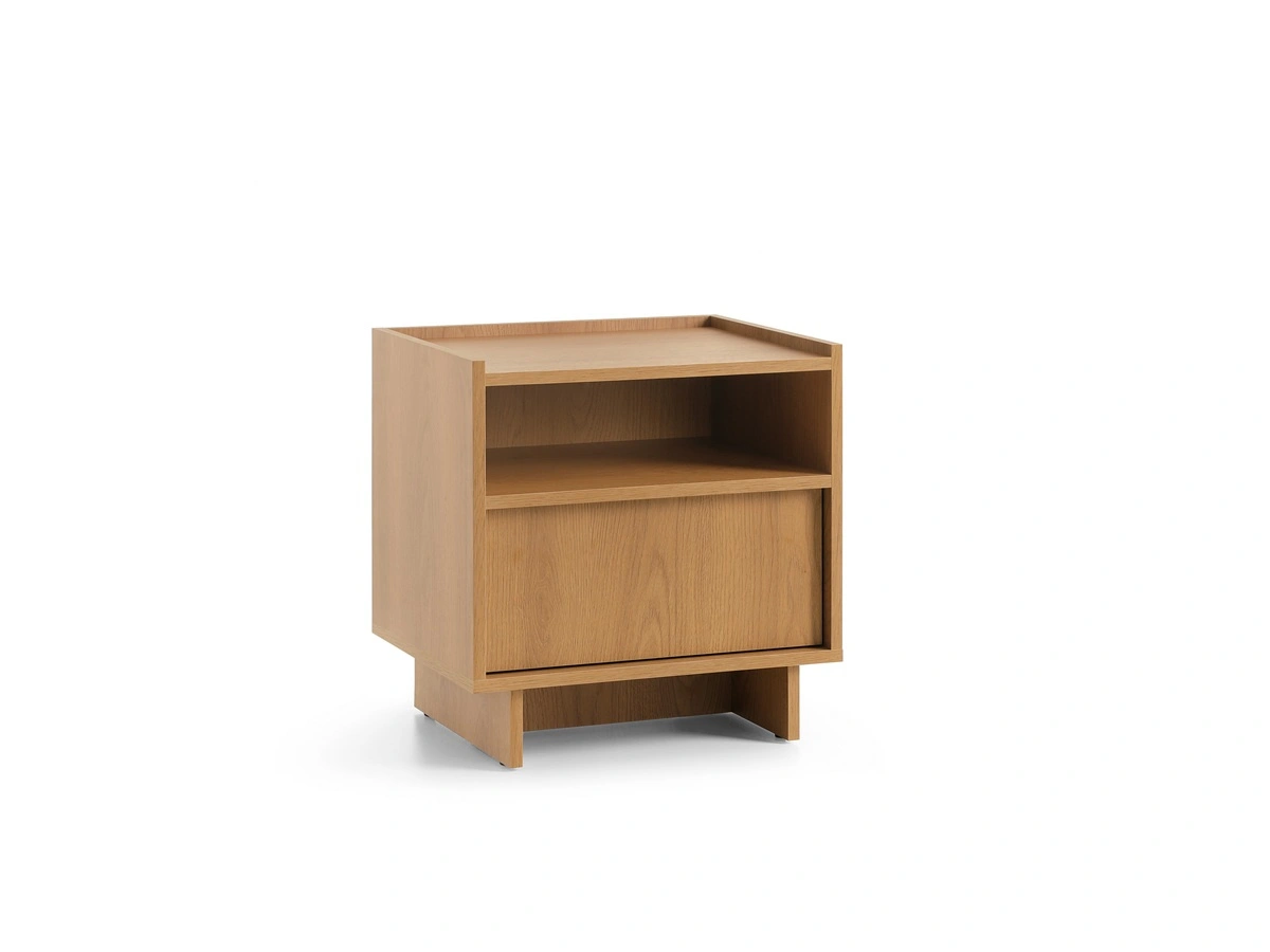 Yasumi 50cm Carmel Oak Bedside Table with Raised Edge & Push-to-Open Drawer