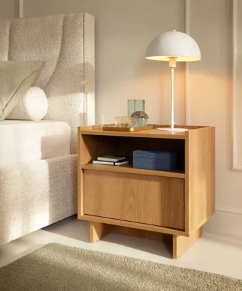 Yasumi 50cm Carmel Oak Bedside Table with Raised Edge & Push-to-Open Drawer
