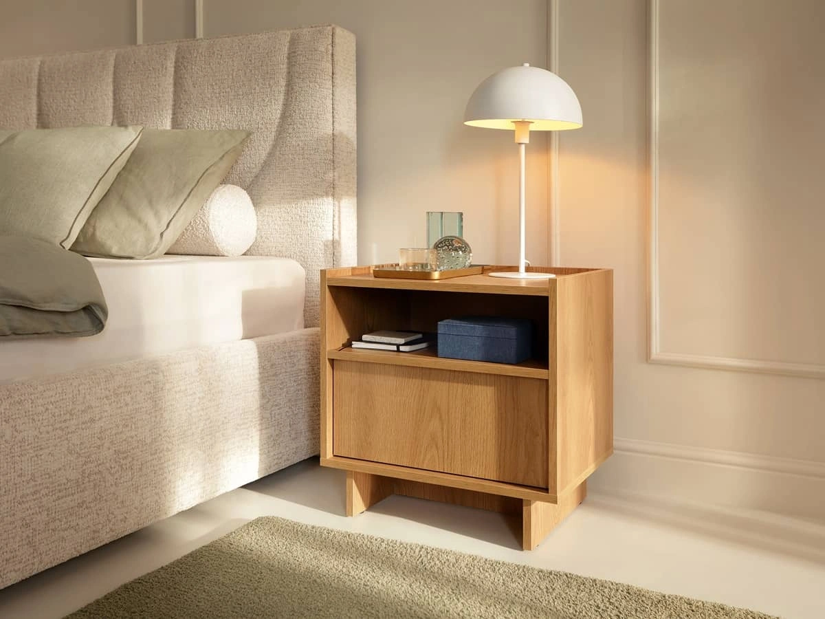 Yasumi 50cm Carmel Oak Bedside Table with Raised Edge & Push-to-Open Drawer