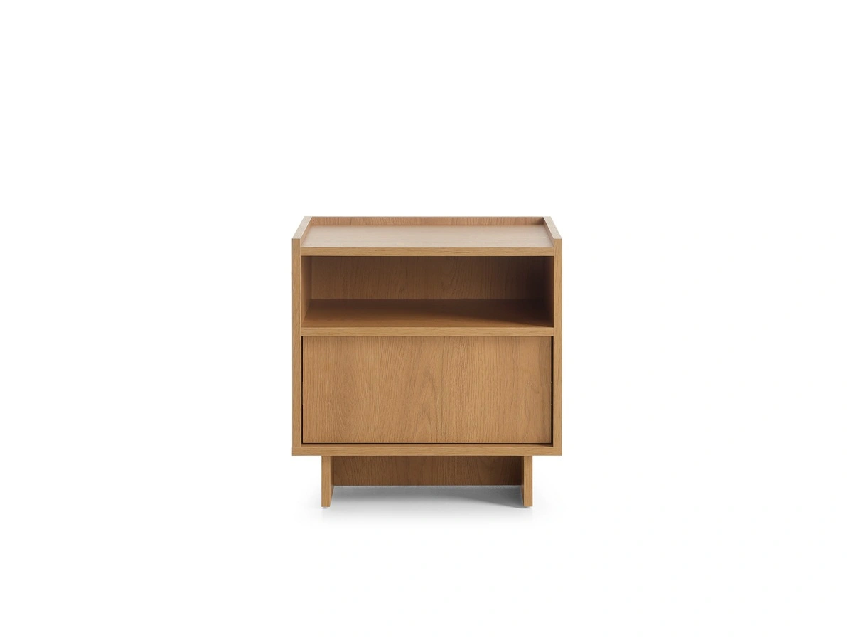 Yasumi 50cm Carmel Oak Bedside Table with Raised Edge & Push-to-Open Drawer