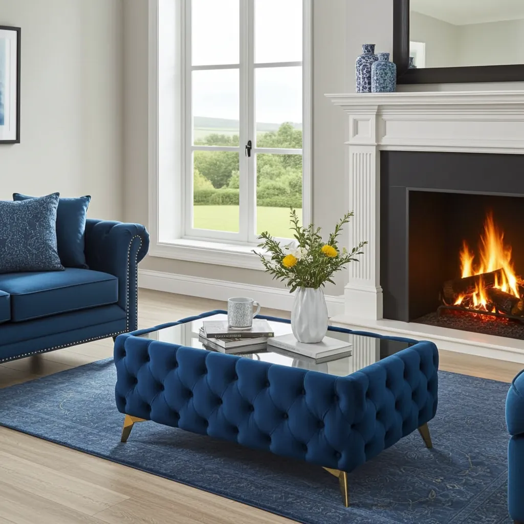 Velvet upholstery coffee table with solid hardwood frame and glass top