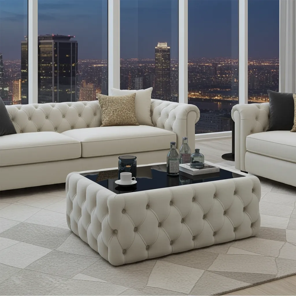 Chesterfield design deep button tufting on a luxury coffee table