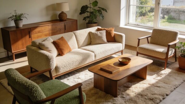 Cozy living room with boucle furniture highlighting its loop-pile texture and warm ambiance