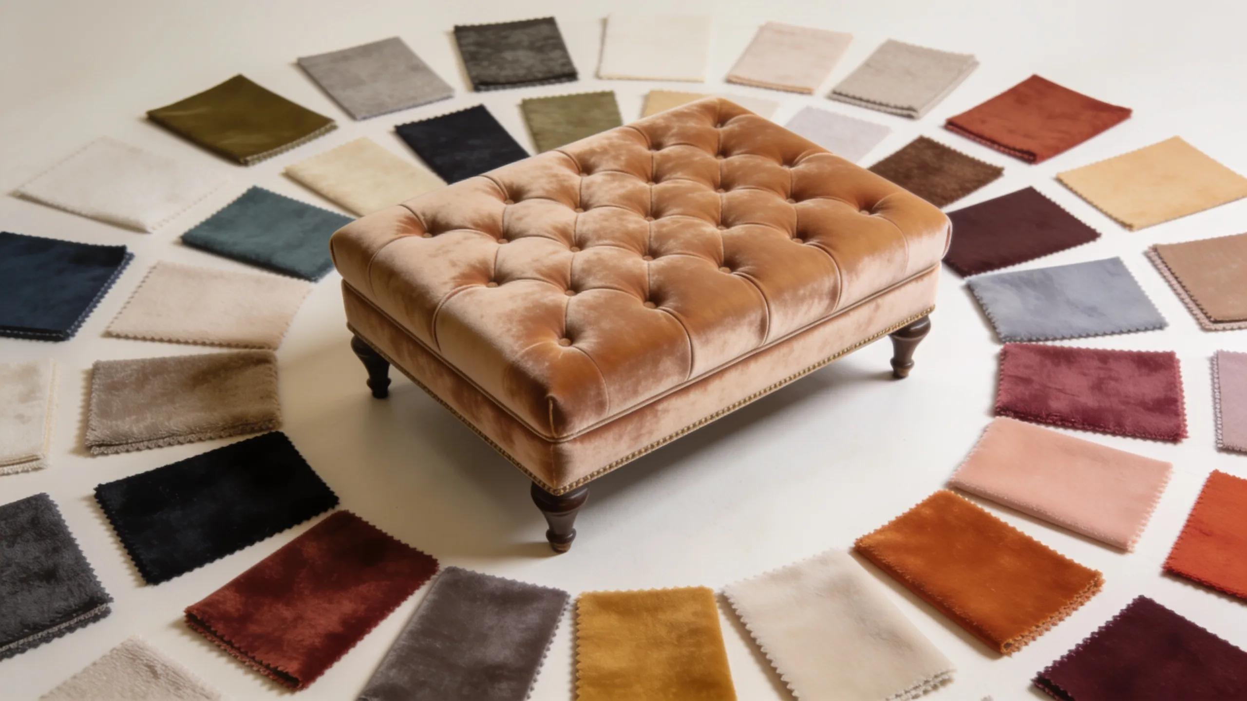 Variety of velvet fabric swatches for customizing Chesterfield coffee tables