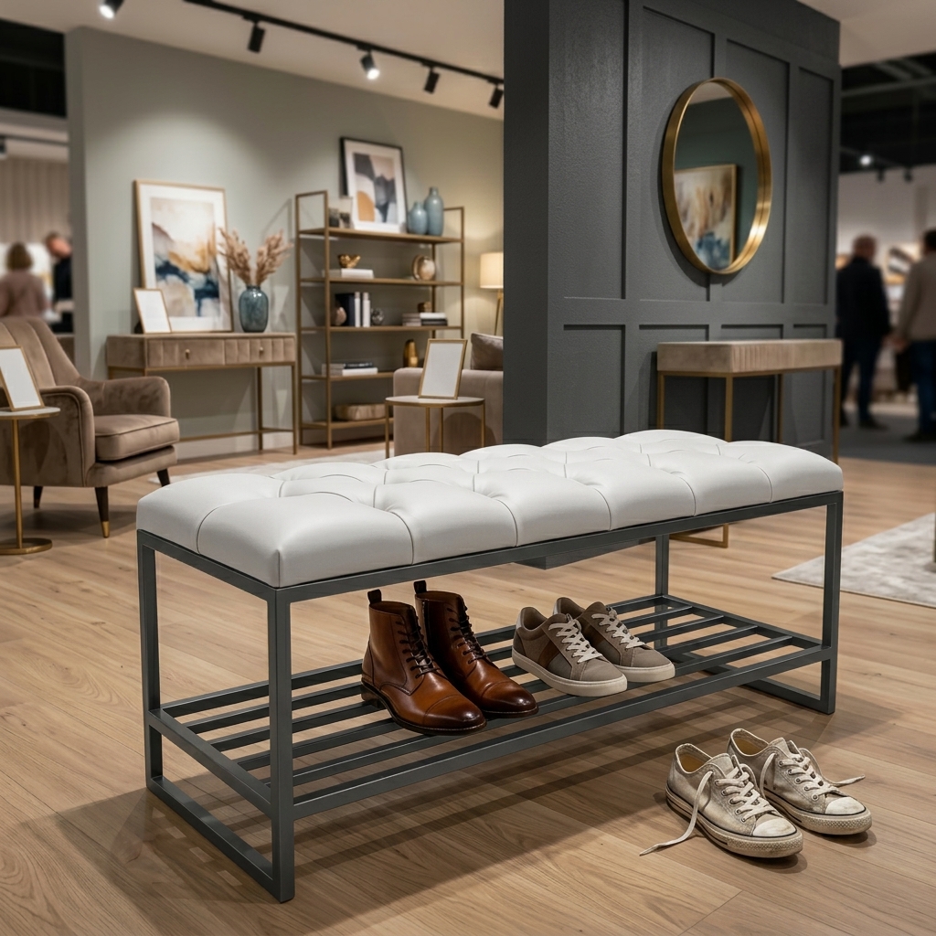 Custom Upholstered Hallway Bench with Metal Shoe Rack (6 Standard Sizes & Bespoke)