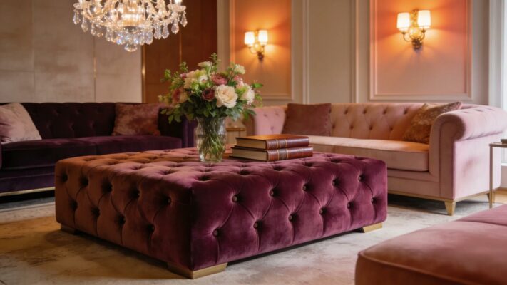 Luxurious bespoke velvet Chesterfield coffee table in an elegant living room setting