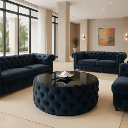Artisan hand-tufting a custom-made Chesterfield coffee table in Ireland