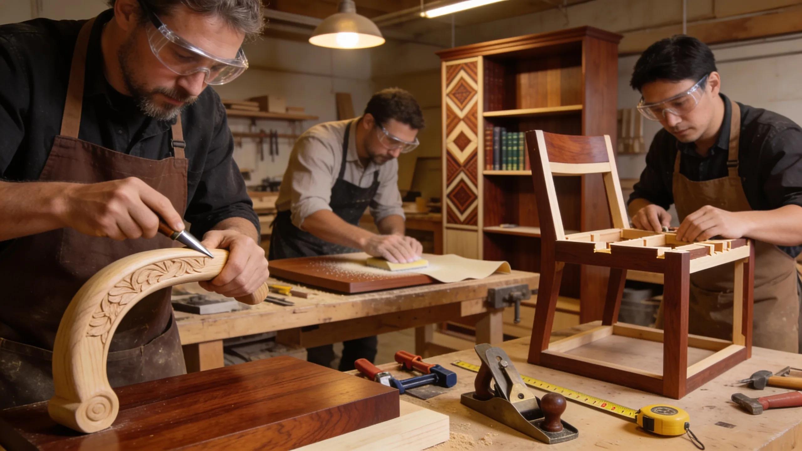 Artisans in a woodshop creating custom furniture, showcasing craftsmanship and tools