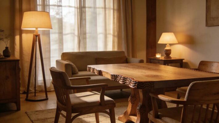 Custom handcrafted furniture in a cozy living room setting with a bespoke dining table and warm lighting