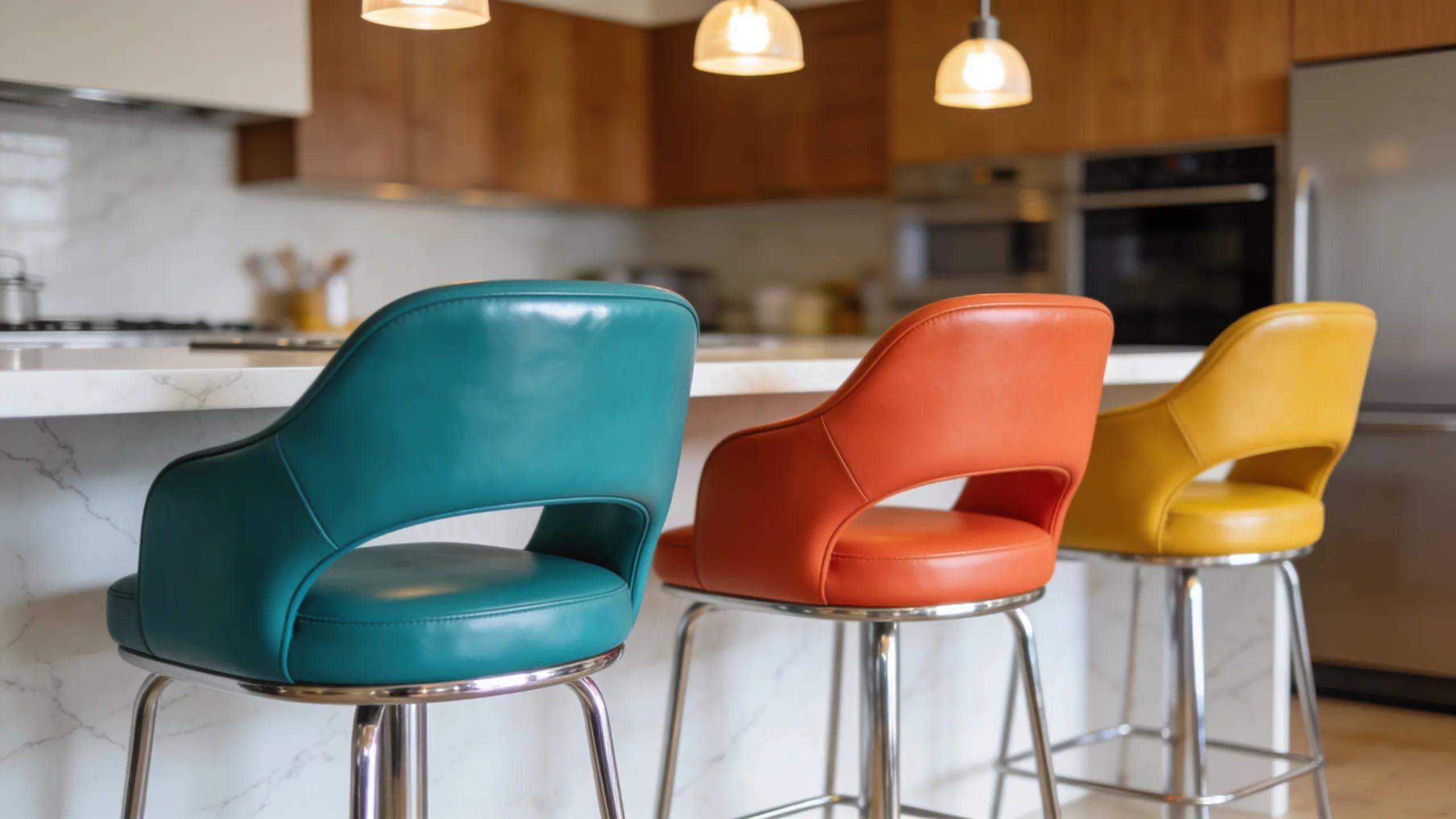 Eco-leather upholstered bar stools at a kitchen island, illustrating modern design and vibrant colors for kitchen decor