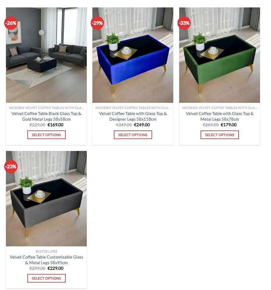 Luxury velvet coffee table Ireland with black glass top and gold metal legs