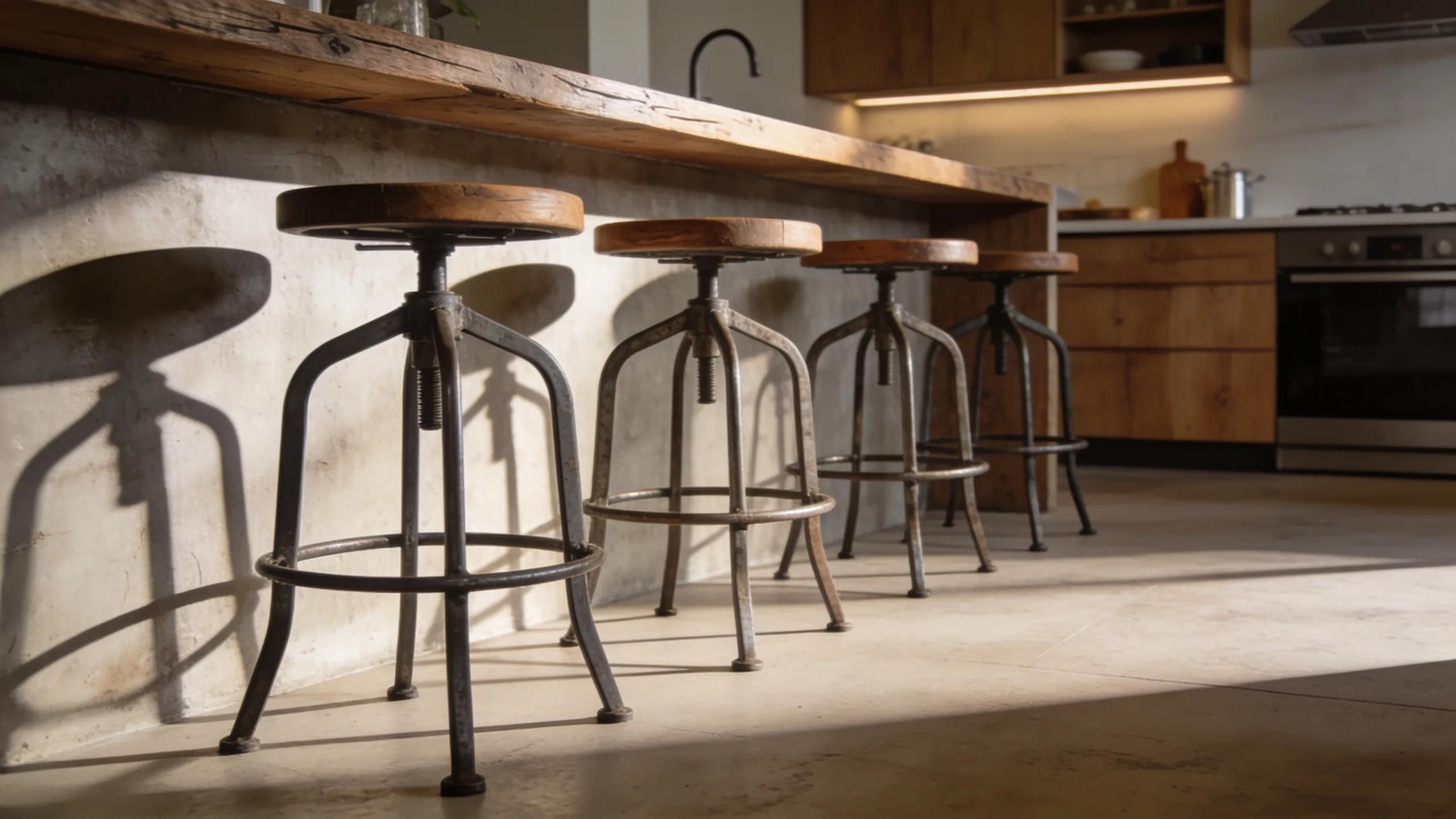 Industrial bar stools in a contemporary kitchen, highlighting metal and wooden finishes for rugged style