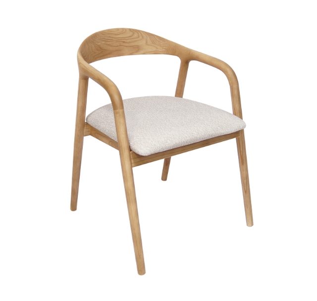 Kora Solid European Ash Armchair with beige chenille upholstery, customizable wood stain finishes.