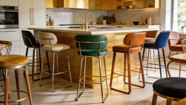 Luxury bar stools in a modern kitchen setting, showcasing various styles and colors for interior design inspiration