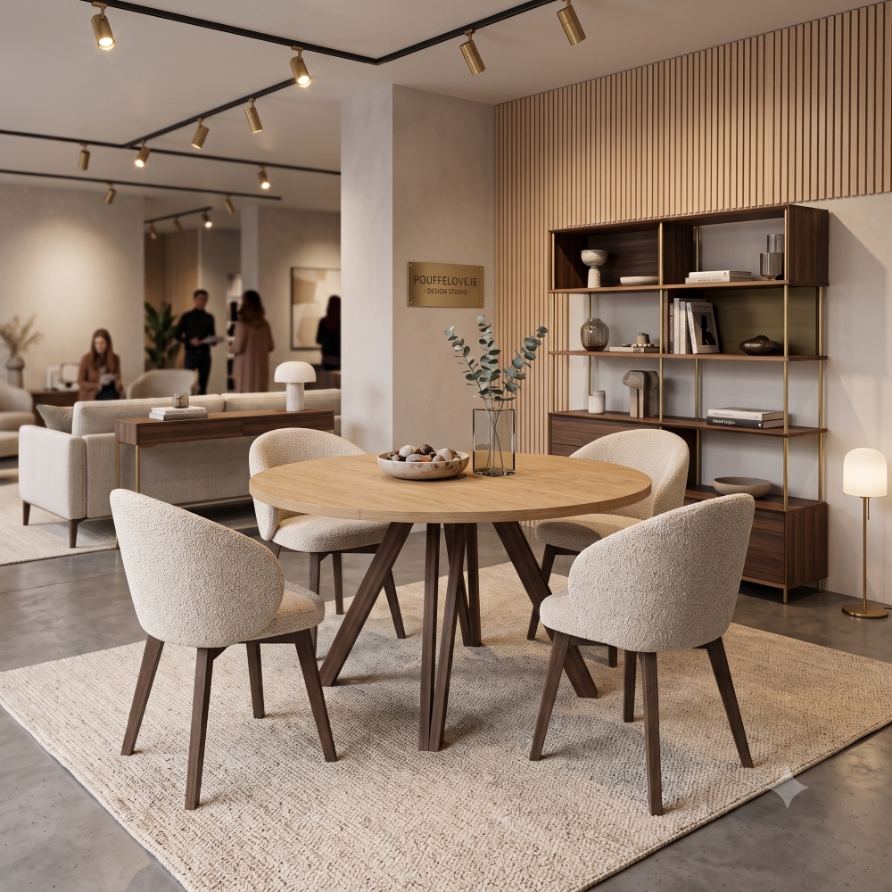 Round extendable dining table with upholstered chairs in modern dining room setting.