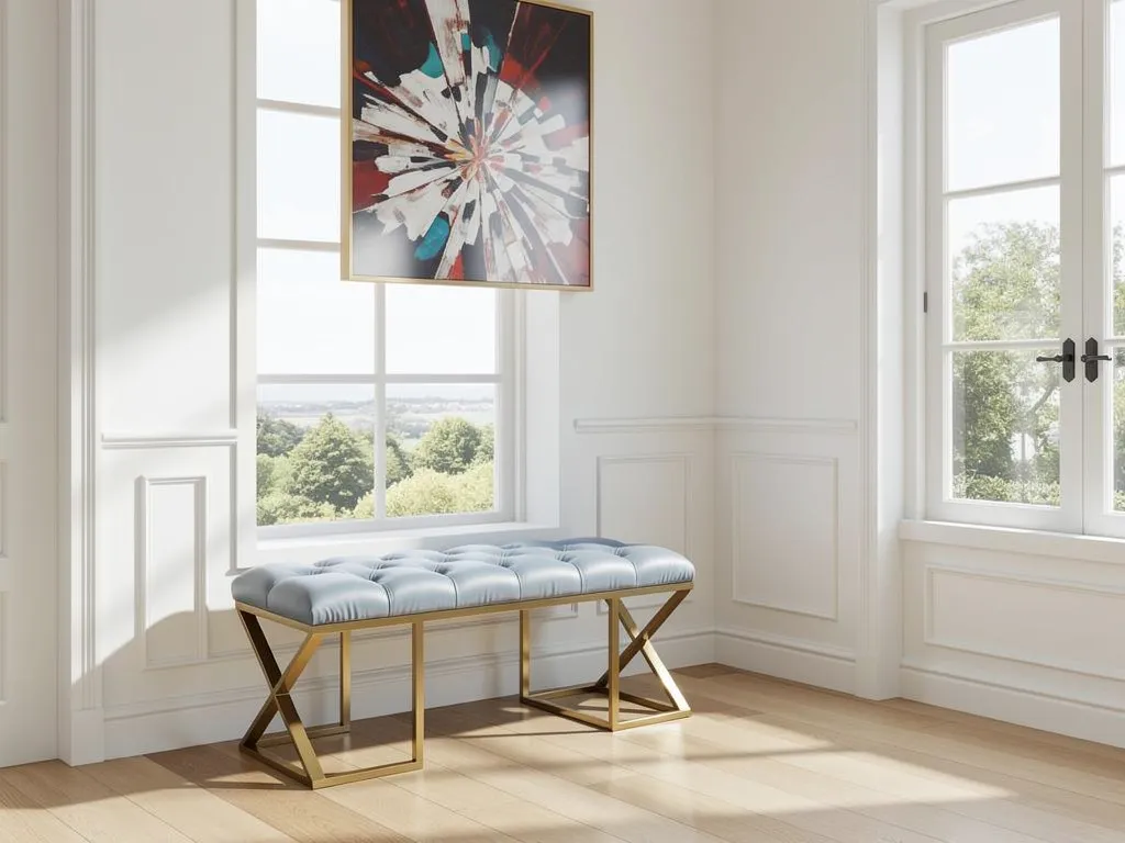 Modern pouffes and ottomans displayed in a bright showroom