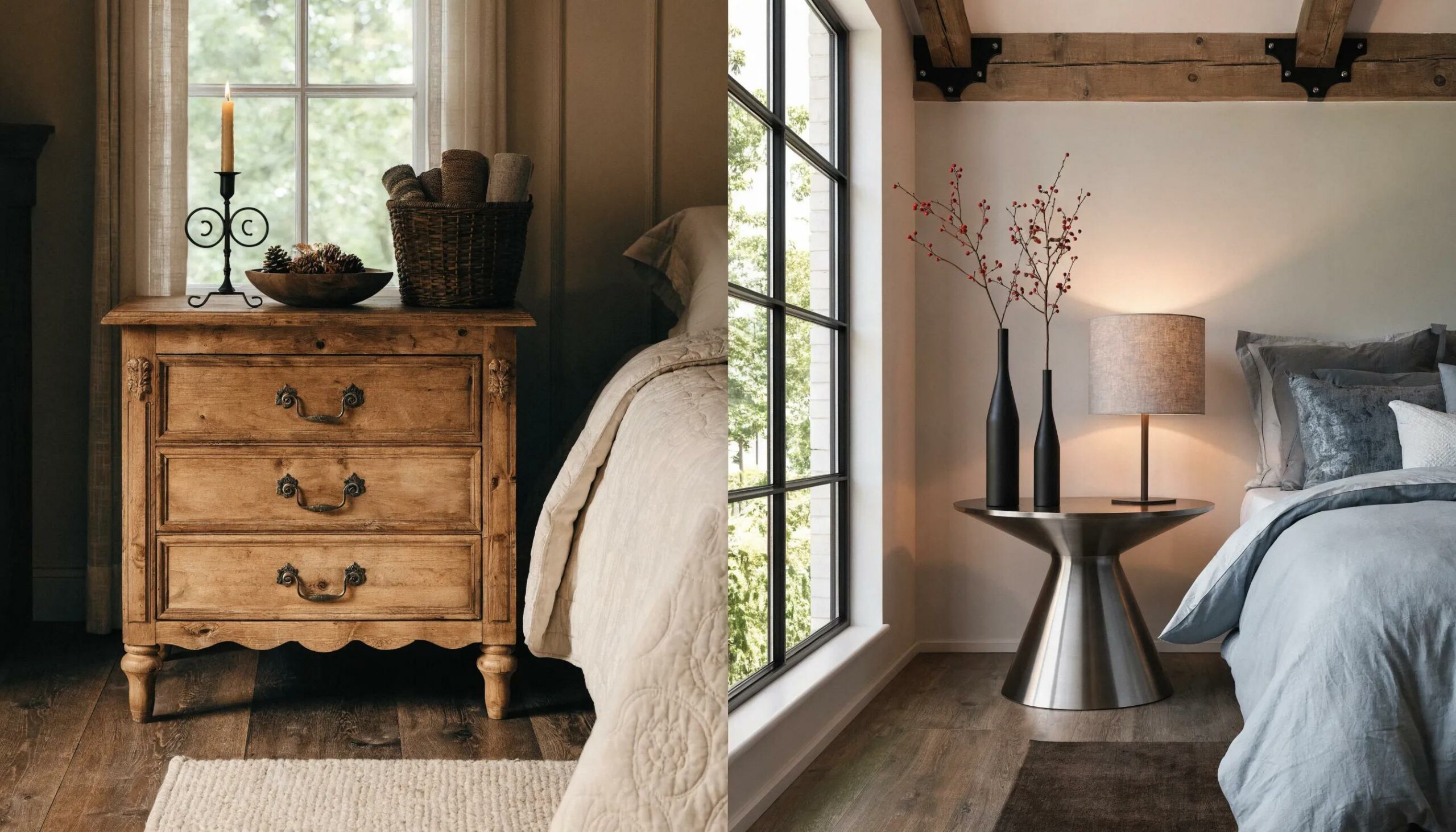 Comparison of aesthetic styles between wooden and metal bedside tables in different bedroom settings