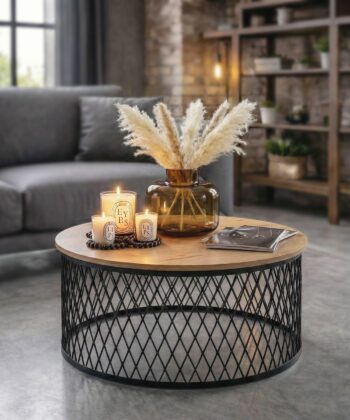 AURELIA Round Geometric Coffee Table (Laminated Top & Powder-Coated Steel Wireframe Base)