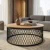AURELIA Round Geometric Coffee Table (Laminated Top & Powder-Coated Steel Wireframe Base)