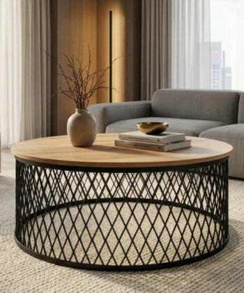 AURELIA Round Geometric Coffee Table (Laminated Top & Powder-Coated Steel Wireframe Base)
