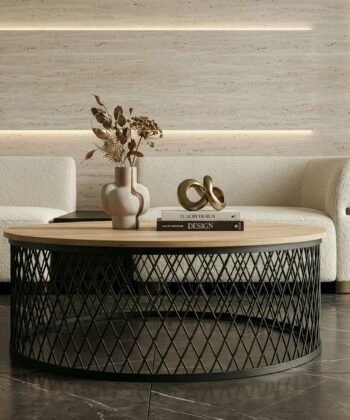 AURELIA Round Geometric Coffee Table (Laminated Top & Powder-Coated Steel Wireframe Base)