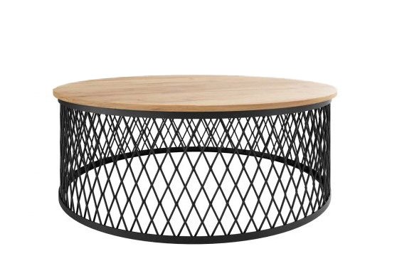 AURELIA Round Geometric Coffee Table (Laminated Top & Powder-Coated Steel Wireframe Base)