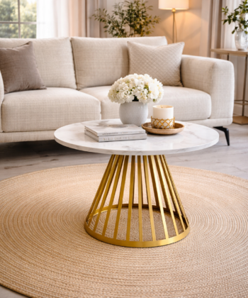 ASTORIA Bianco Marble Effect Round Coffee Table with Brushed Gold Geometric Steel Frame (58 × 58 × 45 cm)