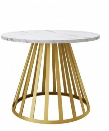 ASTORIA Bianco Marble Effect Round Coffee Table with Brushed Gold Geometric Steel Frame (58 &times; 58 &times; 45 cm)