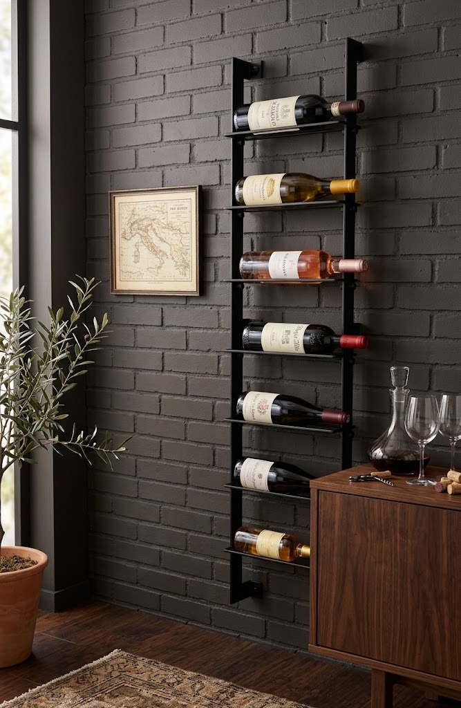 SOMMELIER Wall-Mounted 7-Bottle Steel Wine Rack (125×20×56.4cm | Horizontal Bottle Storage | Matte Black Powder-Coated)