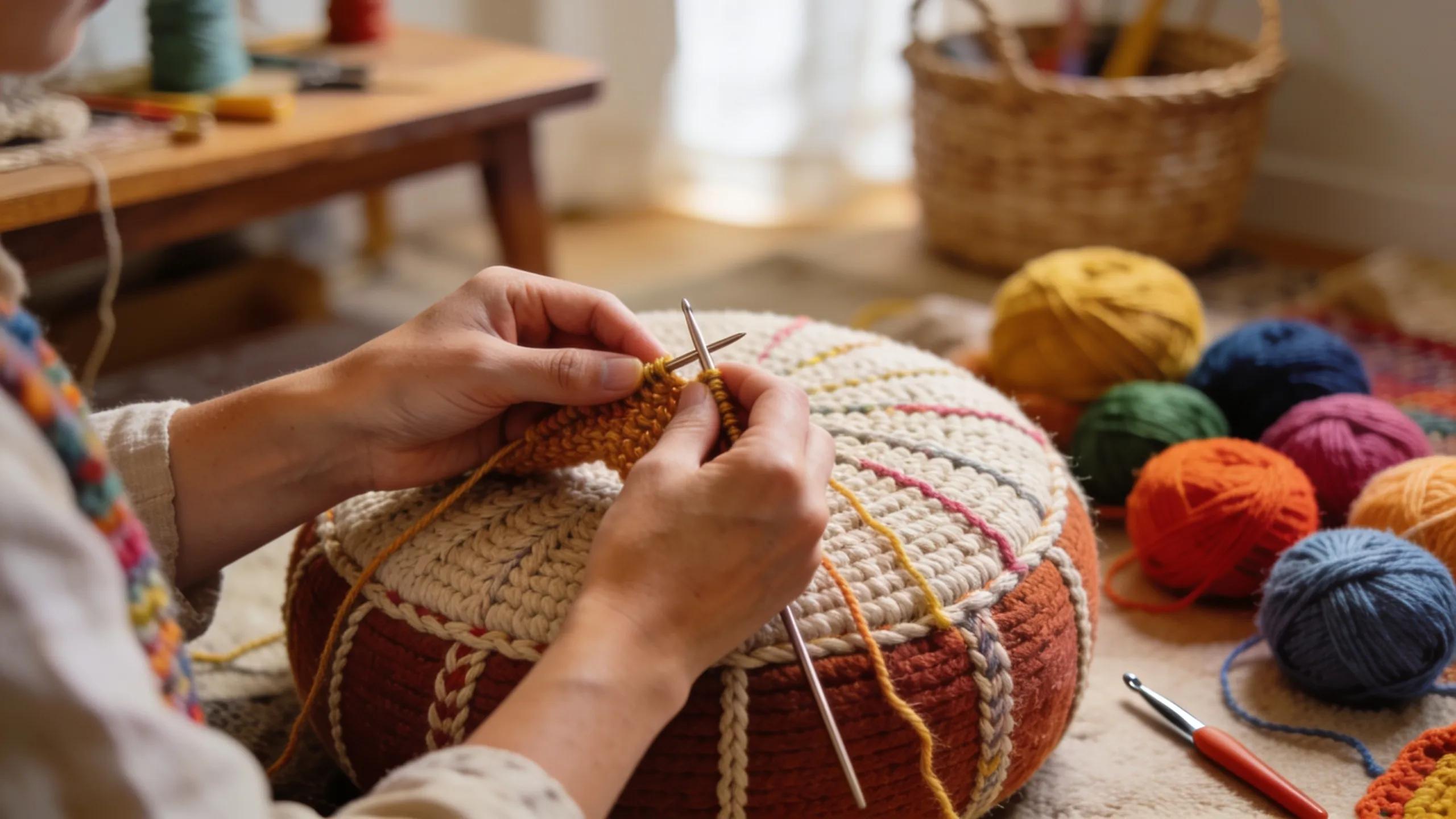 Variety of knitted and crochet pouffes in modern, bohemian, and square styles in a decorated room