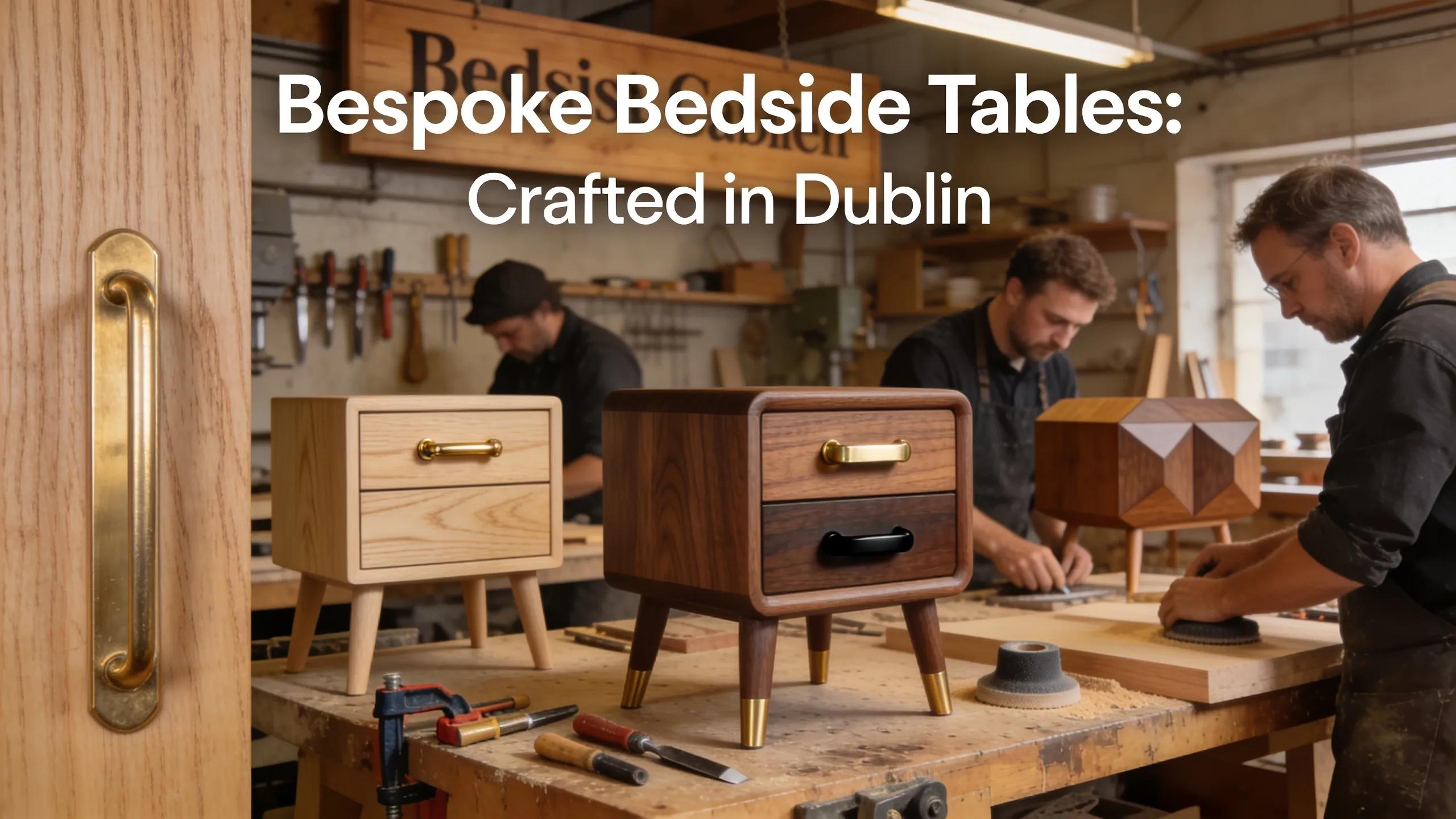Artisans customizing wooden and metal bedside tables in a Dublin workshop highlighting handcrafted styles