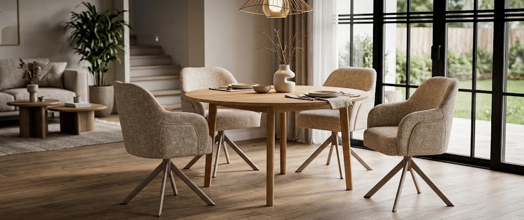 AURIN SUPREME Swivel Dining Chair in Beige Textured Fabric with Powder-Coated Steel Base (58 × 48 cm | Seat Height 49 cm)