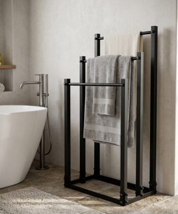 TIVOLI Freestanding 3-Tier Towel & Clothes Rack (45×25×89cm | Matte Black Textured Steel | Loft Bathroom Stand)