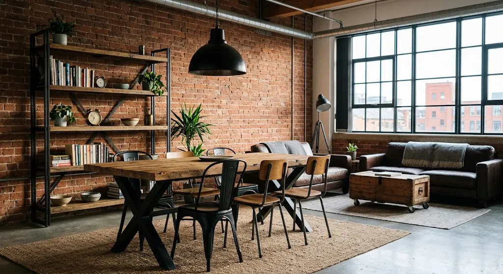 Oak dining table paired with matte black steel legs