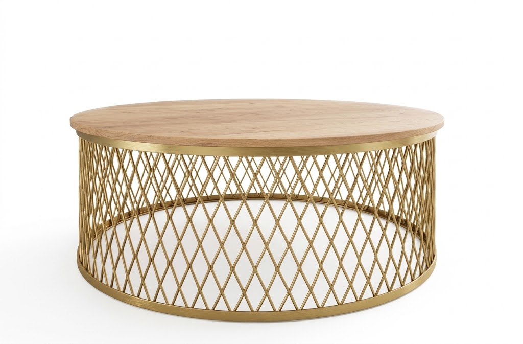 AURELIA Round Geometric Coffee Table (Laminated Top & Powder-Coated Steel Wireframe Base)
