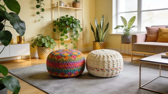 Colorful knitted and crochet pouffes in a cozy modern living room setting
