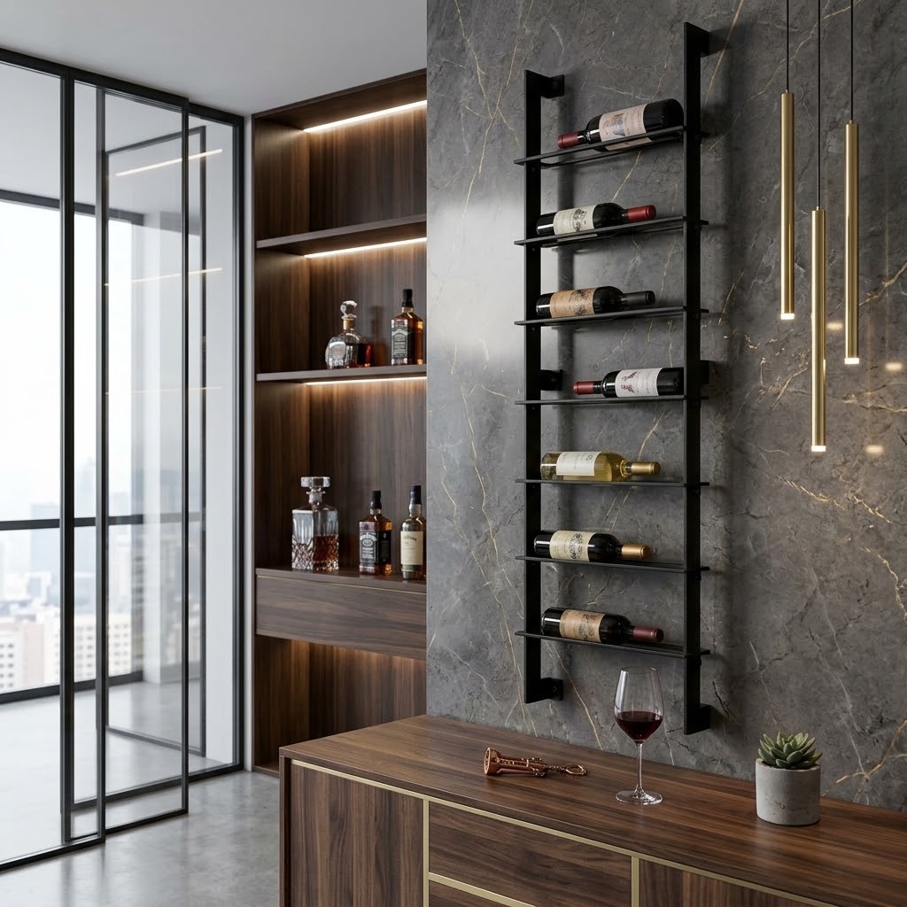 SOMMELIER Wall-Mounted 7-Bottle Steel Wine Rack (125×20×56.4cm | Horizontal Bottle Storage | Matte Black Powder-Coated)
