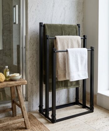 TIVOLI Freestanding 3-Tier Towel & Clothes Rack (45×25×89cm | Matte Black Textured Steel | Loft Bathroom Stand)