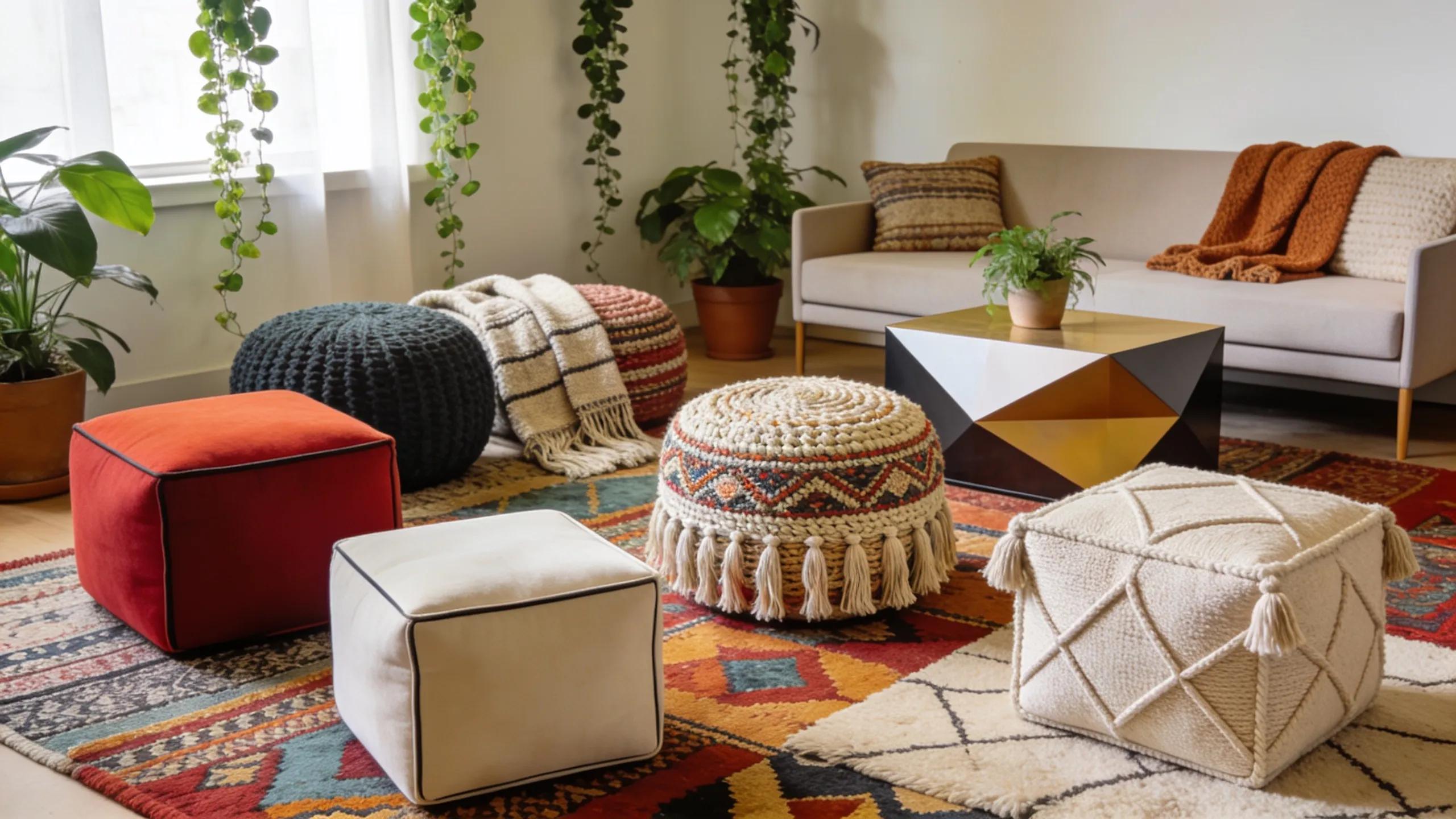 Artisan hands crafting a knitted pouffe with vibrant yarn and tools