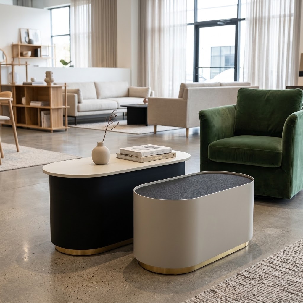 CALYPSO Oval Nesting Coffee Table Set of 2 (110×50cm & 85.5×42.5cm | Black Laminated Tops & Two-Tone Steel Base)