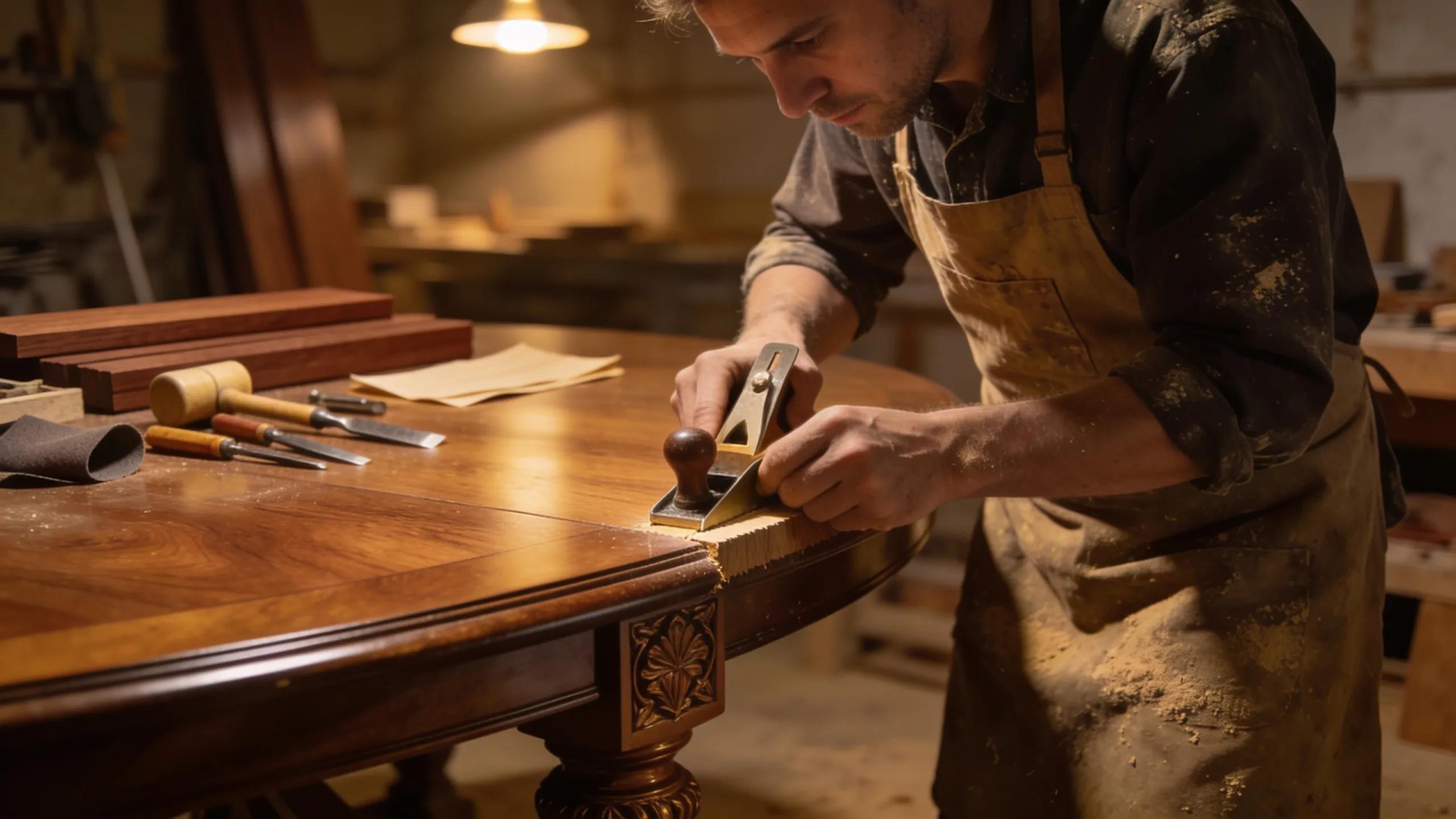 Artisan crafting a luxury dining table by hand, showcasing dedication and skill