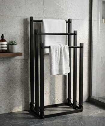 TIVOLI Freestanding 3-Tier Towel & Clothes Rack (45×25×89cm | Matte Black Textured Steel | Loft Bathroom Stand)