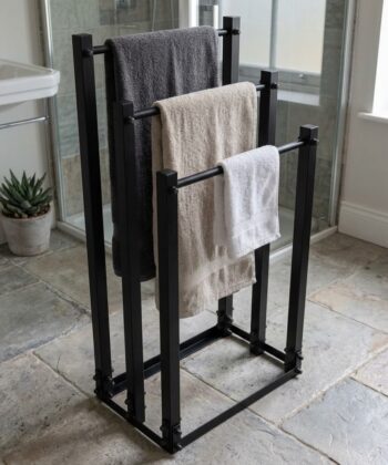 TIVOLI Freestanding 3-Tier Towel & Clothes Rack (45×25×89cm | Matte Black Textured Steel | Loft Bathroom Stand)