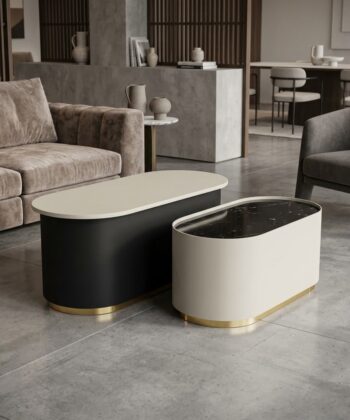CALYPSO Oval Nesting Coffee Table Set of 2 (110&times;50cm & 85.5&times;42.5cm | Black Laminated Tops & Two-Tone Steel Base)
